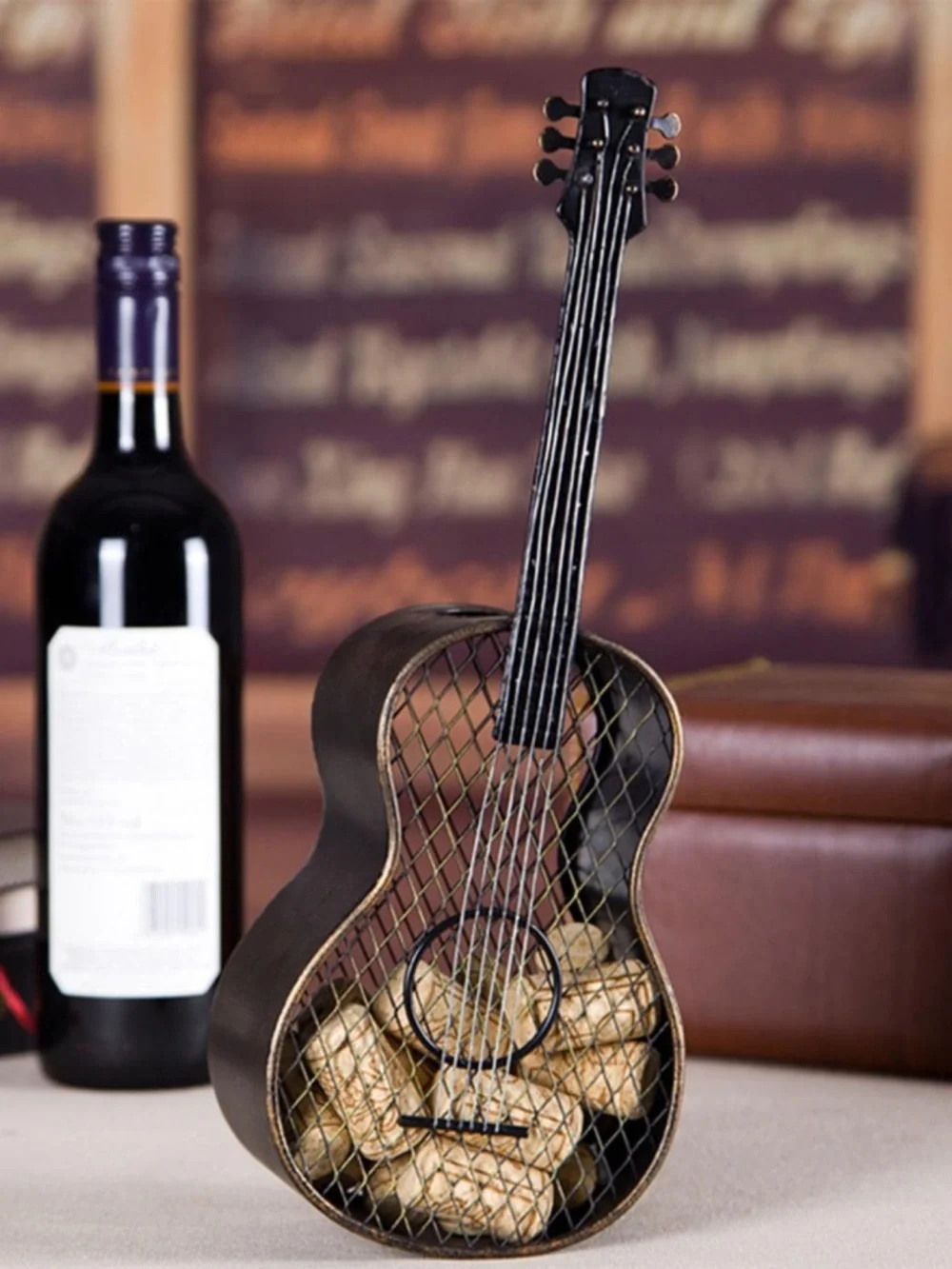 Decorative Brown Guitar-Shaped Wine Cork Holder - Home Dining Accent